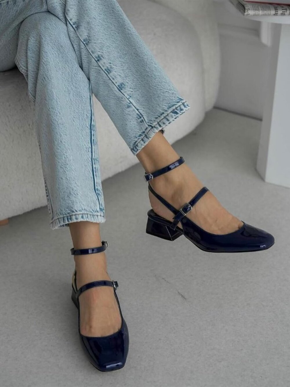 Women's Navy Mary Jane Chunky Low Heel Closed Square Toe Ankle Strap Pump Shoe - Picture 3 of 6